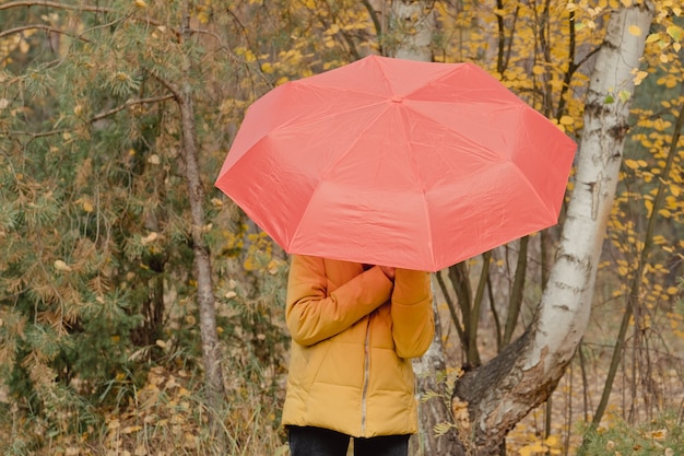 Mulher jovem em um parque de outono com um guarda-chuva vermelho, girando e segurando um guarda-chuva, caminhada de outono em um parque amarelo de outubro