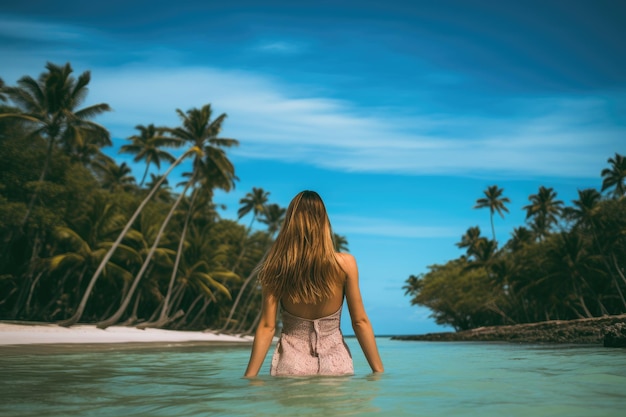 Mulher jovem em uma praia tropical com palmeiras e água turquesa vista de trás de uma jovem mulher bonita se divertindo na praia tropical AI Gerado