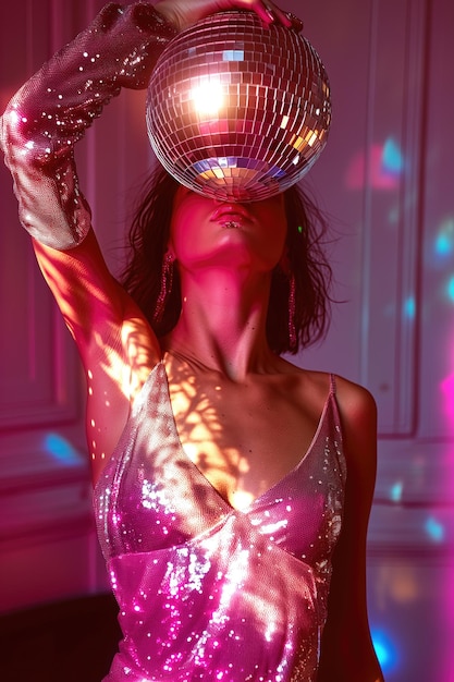 Mulher jovem em vestido de festa rosa com esfera de bola de discoteca festa de aniversário de Natal de ano novo brilho de pano brilhante foto de moda Ai gerada fotografia
