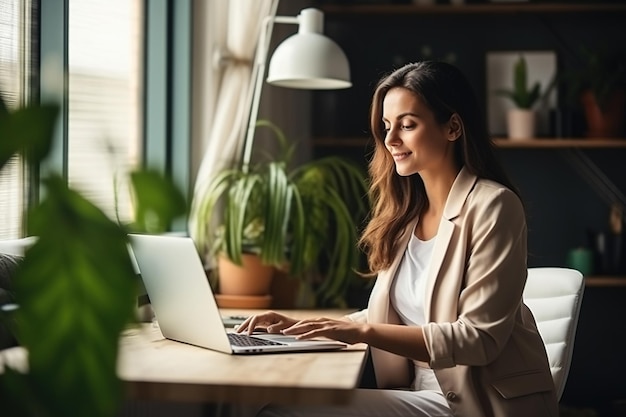 Mulher jovem empregada latina usando laptop remoto trabalhando em casa escritório olhando para o computador falando tendo reunião virtual híbrida aprendendo inglês comunicando por videochamada elearning webinar