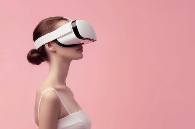 Mulher jovem envolvida em experiência de realidade virtual contra um fundo rosa de IA generativa