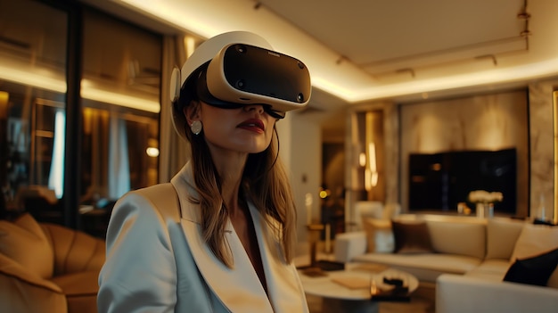 Foto mulher jovem envolvida em jogos de realidade virtual fone de ouvido vr futurista morena atraente desfrutando