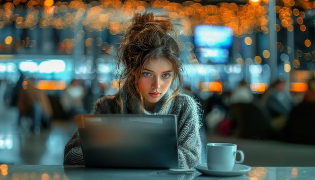 Foto mulher jovem envolvida em trabalho de laptop à noite