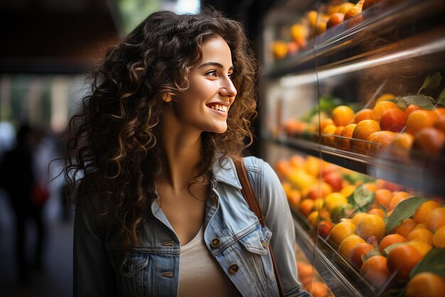 Mulher jovem escolhendo uma fruta fresca dentro de casa no mercado de alimentos