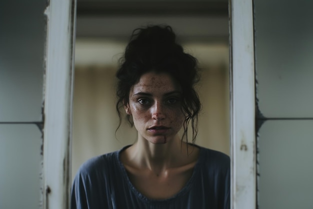 Foto mulher jovem espancada, triste, com manchas de sangue no rosto, refletida no espelho, olhando para a câmera, abuso físico, humilhação, violência, conceito de transtorno mental feminino.