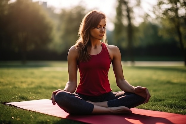 Foto mulher jovem esportiva faz exercícios de ioga com tapete de ioga no conceito de estilo de vida ativo ao ar livre do parque