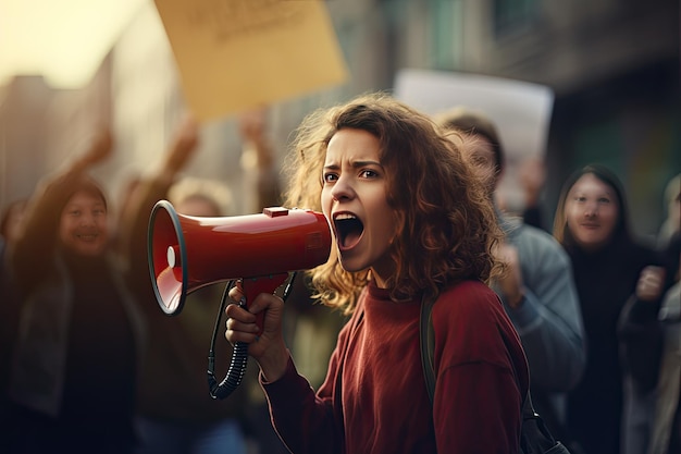 Mulher jovem está cantando suas demandas através de um megafone durante uma manifestação