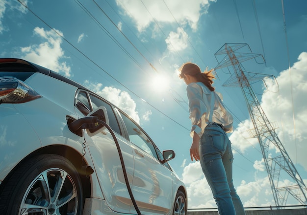 Mulher jovem está de pé perto de seu carro e linhas de energia elétrica