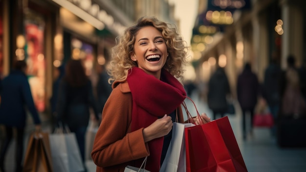 Mulher jovem está na rua com sacos enquanto faz compras Criada com tecnologia de IA generativa