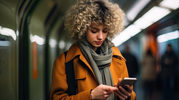 Mulher jovem está olhando para seu telefone em um metrô no estilo de esmeralda escura e laranja