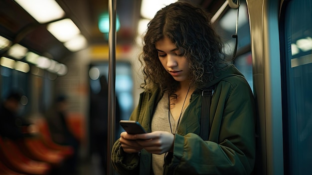 Mulher jovem está olhando para seu telefone em um metrô no estilo de esmeralda escura e laranja