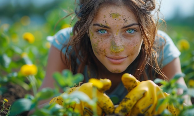 Mulher jovem está plantando flores no jardim