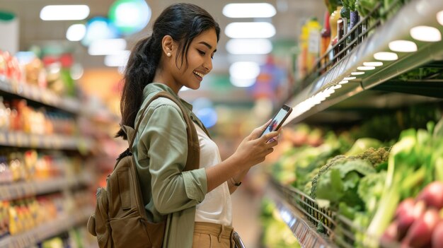 Foto mulher jovem está sorrindo enquanto olha para seu smartphone de pé ao lado de um carrinho de compras cheio de mantimentos em um corredor de supermercado