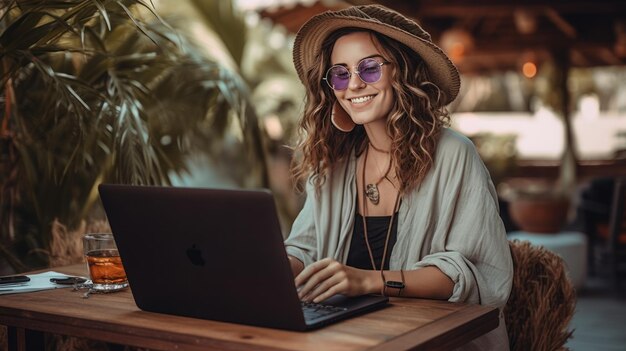 Mulher jovem estilo de vida nômade digital trabalhando na hamaca do laptop na praia na hora do pôr do sol