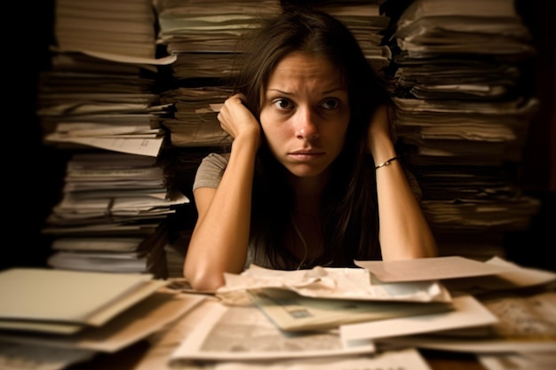 Mulher jovem estressada revisando suas contas refletindo tensão financeira durante uma recessão