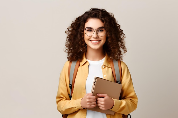 Mulher jovem estudante encaracolado usando óculos e mochila segurando livros e tablet sobre branco isolado