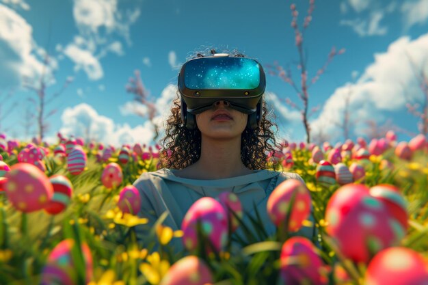 Foto mulher jovem experimentando a realidade virtual em meio a ovos de páscoa coloridos em um campo exuberante sob um azul