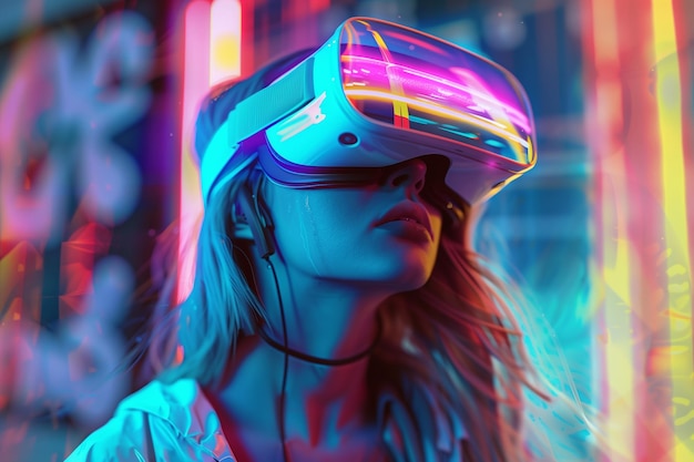 Foto mulher jovem experimentando a realidade virtual em uma sala iluminada a neon à noite