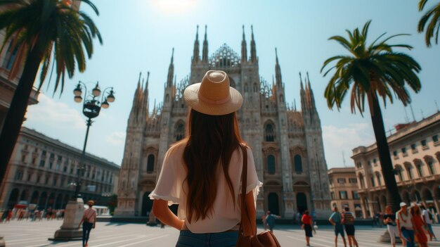 Foto mulher jovem explorando a histórica catedral do duomo de milão no verão