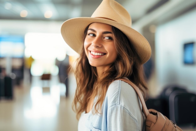 Mulher jovem expressão feliz viajante e conceito de aeroporto ai gerado