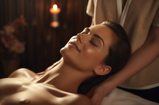 Mulher jovem fazendo massagem no salão de spa Conceito de cuidados corporais Tratamento de beleza Massagista de energia dando massagem relaxante ao cliente AI Gerado