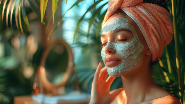 Foto mulher jovem fazendo terapia de máscara facial em um salão de beleza
