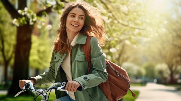 Mulher jovem feliz andando de bicicleta no parque de primavera da cidade ao ar livre Conceito de ciclismo de estilo de vida urbano ativo