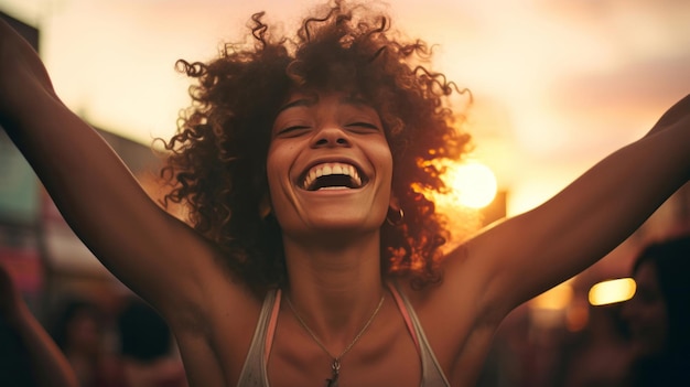 Foto mulher jovem feliz ao pôr do sol rindo com os braços para cima conceito de hora dourada