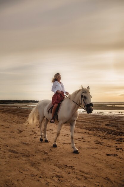 Mulher jovem feliz bonita a cavalo na praia de verão pelo mar. Fêmea de piloto dirige seu cavalo na natureza na luz de fundo do sol à noite. Conceito de passeios ao ar livre, esportes e recreação. Copie o espaço