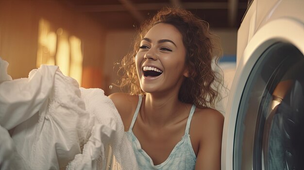 Foto mulher jovem feliz classificando roupas perto da máquina de lavar na lavandaria