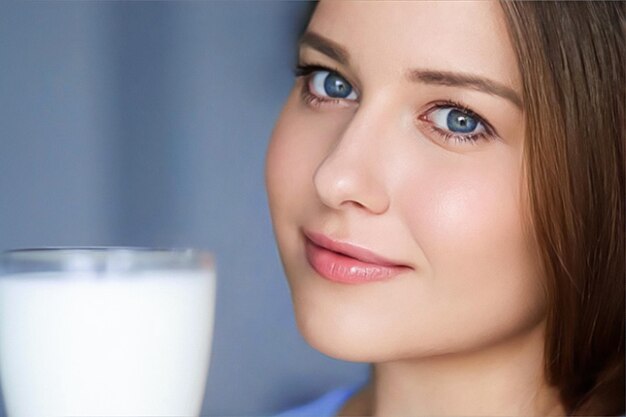 Mulher jovem feliz com copo de leite ou coquetel de proteína bebida saudável dieta e bem-estar