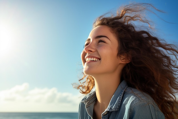 mulher jovem feliz com mochila olhando para o céu no mar