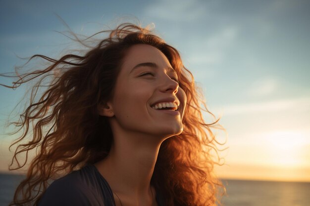 mulher jovem feliz com mochila olhando para o céu no mar