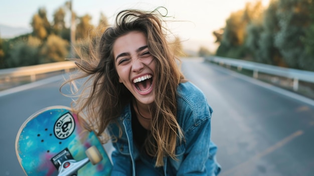 Mulher jovem feliz com skate na beira da estrada