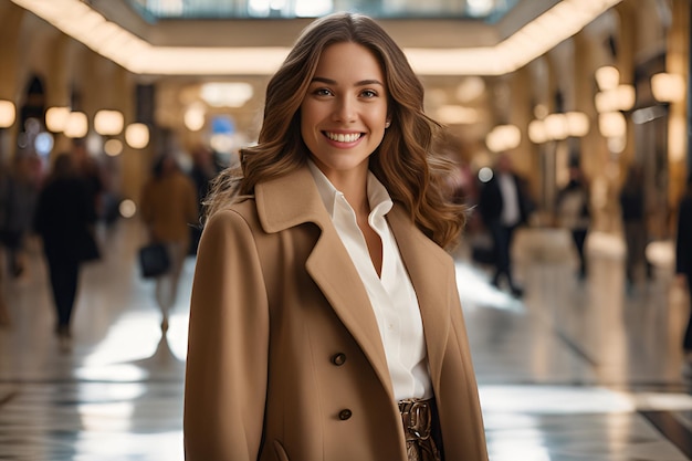 Mulher jovem feliz com um casaco elegante à venda no centro comercial