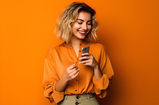 Mulher jovem feliz em óculos usando celular fundo laranja isolado com copyspace