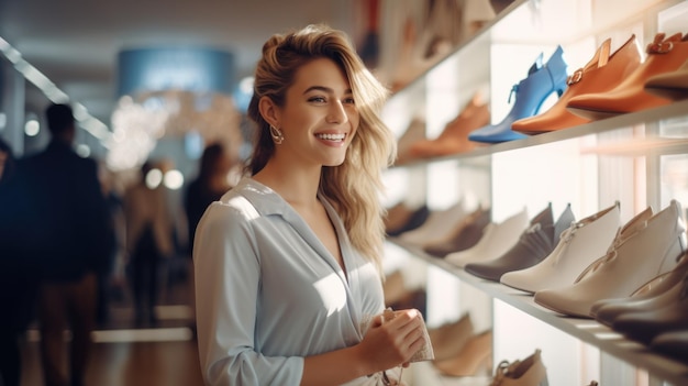 Mulher jovem feliz escolhe comprar sapatos novos na loja Shopping Fashion Lifestyle