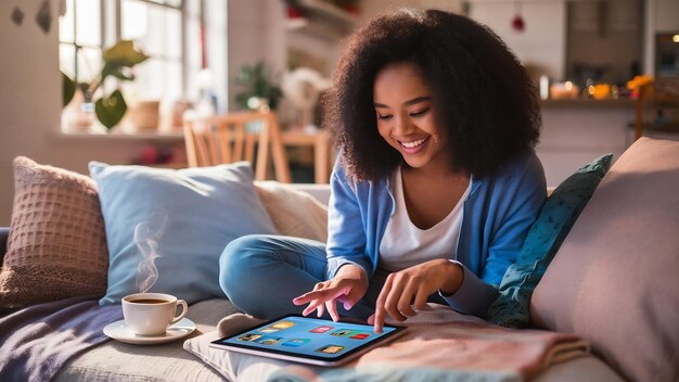 Foto mulher jovem feliz gostando de usar tablet digital em casa