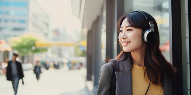 Mulher jovem feliz ouvindo música em fones de ouvido na cidade