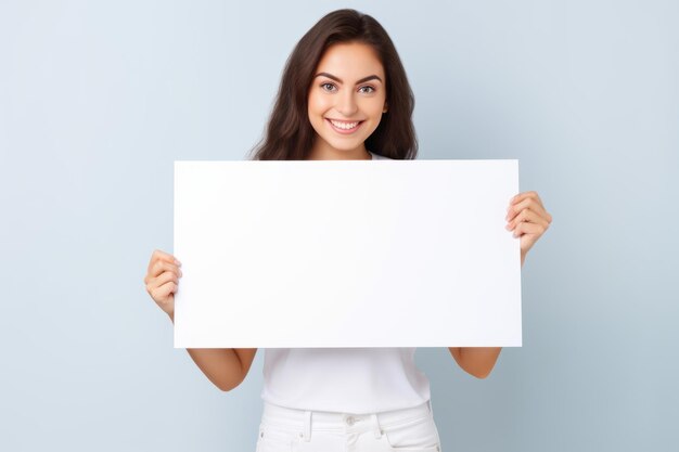 Mulher jovem feliz segurando uma bandeira branca em branco isolada retrato de estúdio