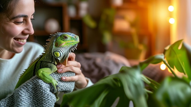 Foto mulher jovem feliz segurando uma iguana verde desfrutando do tempo em casa com seu animal de estimação exótico