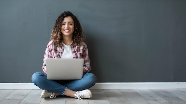Mulher jovem feliz sentada no chão usando laptop na parede cinzenta