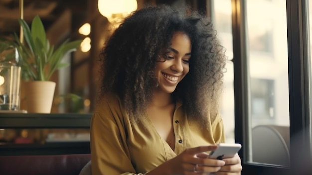 Mulher jovem feliz sentada no sofá sorrindo, senhora rindo segurando um smartphone