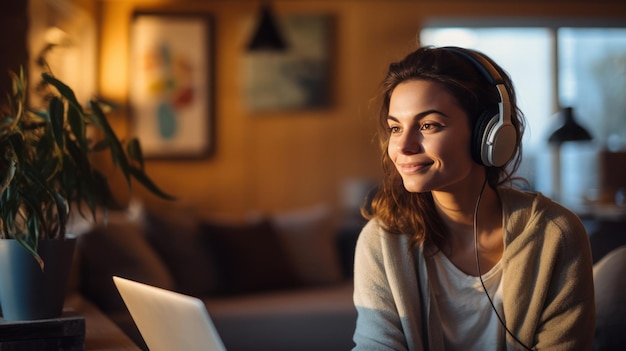 Mulher jovem feliz trabalhando em casa