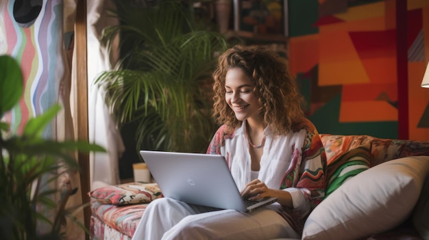 Mulher jovem feliz trabalhando no laptop no condomínio moderno confortável