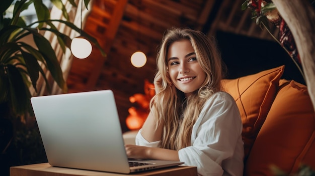 Mulher jovem feliz trabalhando no laptop no condomínio moderno confortável