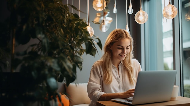Mulher jovem feliz trabalhando no laptop no condomínio moderno confortável