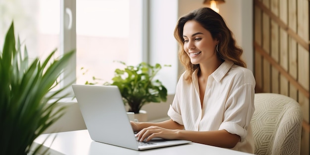 Mulher jovem feliz usando laptop senta-se na mesa e escreve anotações enquanto assiste a um webinar