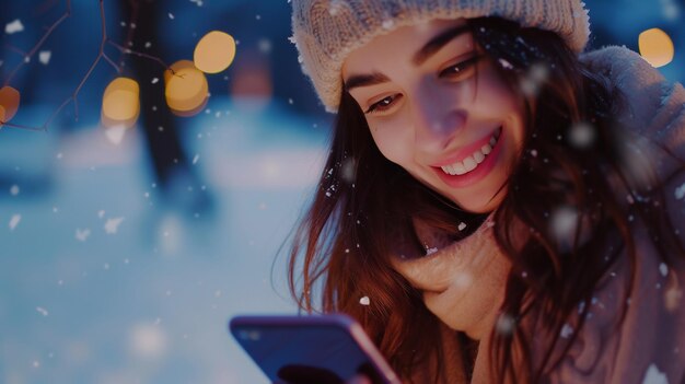 Mulher jovem feliz usando telefone móvel na cidade de inverno à noite