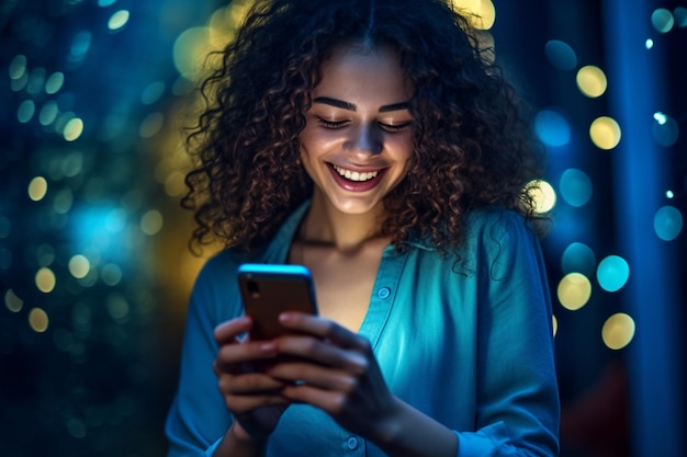 Foto mulher jovem feliz verificando seu telefone em fundo azul com generative ai